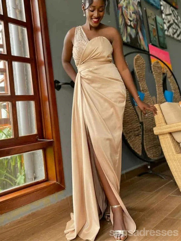Sexy Champagne Mermaid One Shoulder Maxi Long Bridesmaid Dresses For Wedding Party,WG1855