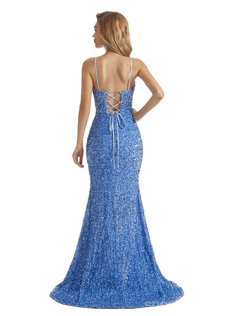 Blue Mermaid Spaghetti Straps V-neck High Slit Cheap Long Prom Dresses,12864