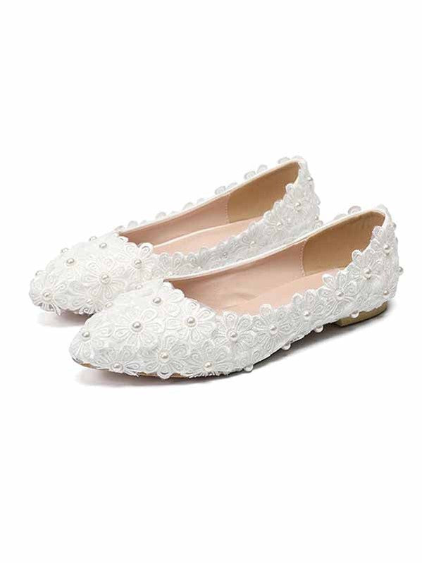 New flat shoes lace pearl pointed toe shallow oral wedding shoes bridesmaid party shoes flower pointed toe single shoes