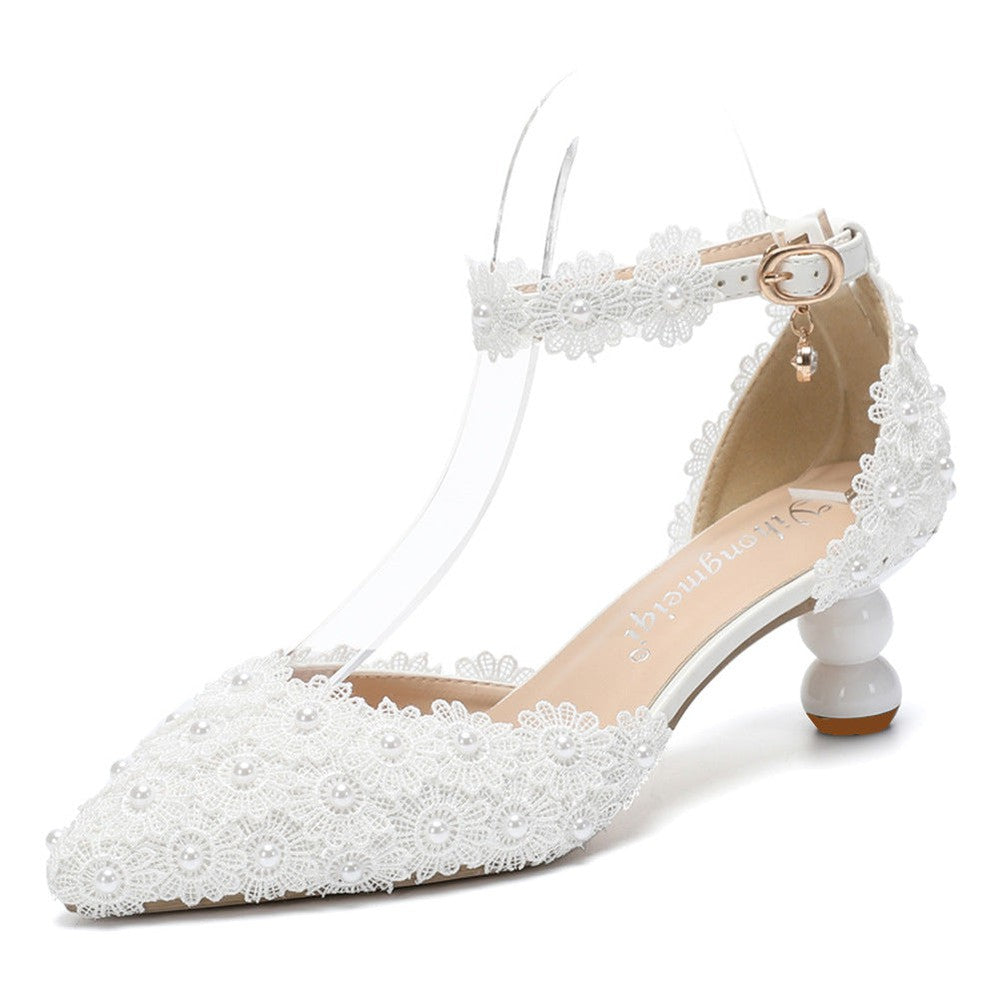 New shallow mouth lace pearl 5cm spot pointed white banquet wedding shoes