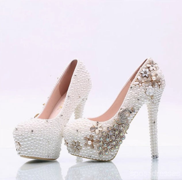 Women's Wedding Shoes Decorative Heel Wedding Heels Bridal Shoes With Beading