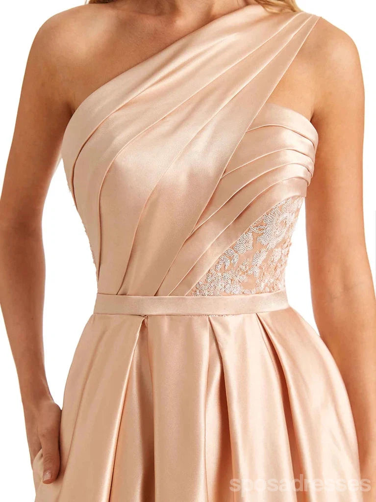 Champagne A-line One Shoulder High Slit Long Party Prom Dresses, Dance Dresses,12549