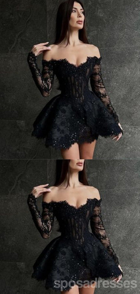 Sexy Black A-line Off Shoulder Long Sleeves Mini Short Prom Homecoming Dresses,CM981