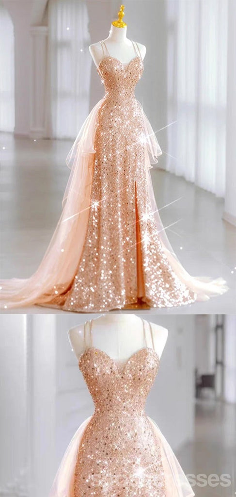 Gorgeous Rose Gold Spaghetti Strraps Maxi Long Party Prom Dresses Ideas,Evening Gowns,13624