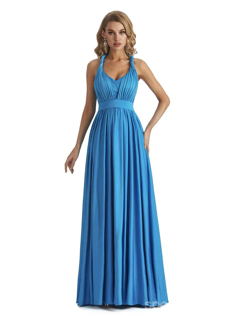 Simple Blue Jersey High Quality Floor-Length Cheap Bridesmaid Dresses, WG80