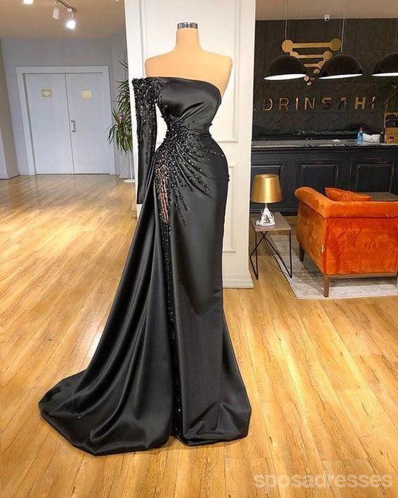 Sexy Black Mermaid One Shoulder Long Sleeves Maxi Long Party Prom Dresses,Evening Dress,13488