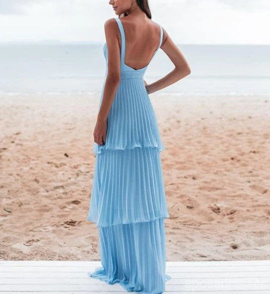 Elegant A-line V-neck Blue Maxi Long Party Prom Dresses Online,13341