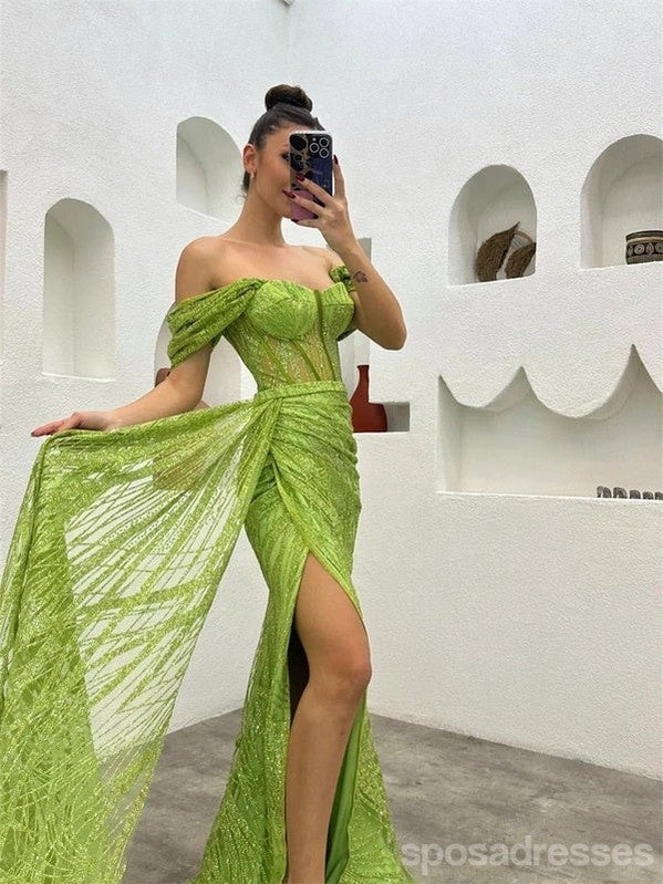 Sexy Green Mermaid Off Shoulder Side Slit Maxi Long Party Prom Dresses,13284