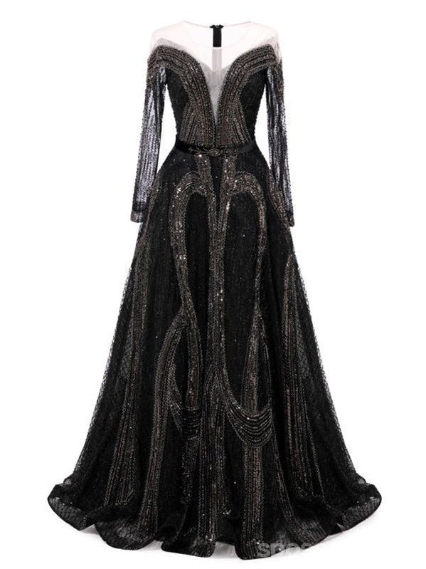 Gorgeous Black A-line Long Sleeves Maxi Long Party Prom Dresses,Evening Dress,13528