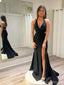 Sexy Black Mermaid Halter V-neck Side Slit Long Party Prom Dresses,Evening Dress,13396