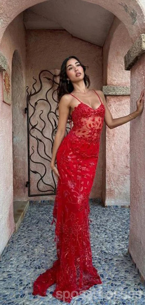 Sexy Red Mermaid Spaghetti Straps Maxi Long Party Prom Dresses,Evening Dress,13486