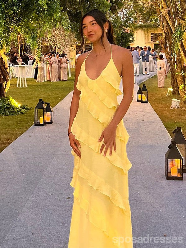 Sexy Yellow Sheath Halter Maxi Long Party Prom Dresses,Evening Gowns,13589