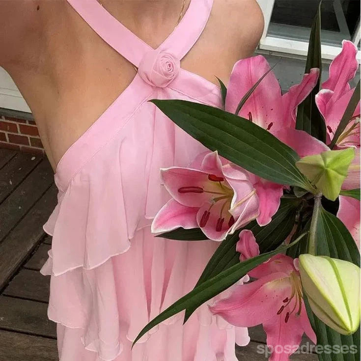 Pretty Pink A-line Halter Long Party Prom Dresses Ideas,Evening Gowns,13737