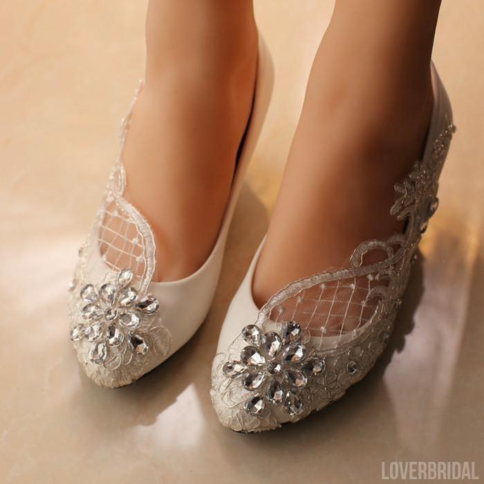 Handmade Middle Heels Pointed Toe Lace Crystal Wedding Bridal Shoes, S007