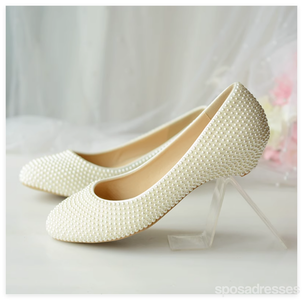 Women's Wedding Shoes Decorative Pearl Wedding Low Heels Bridal Shoes With Beading,H82