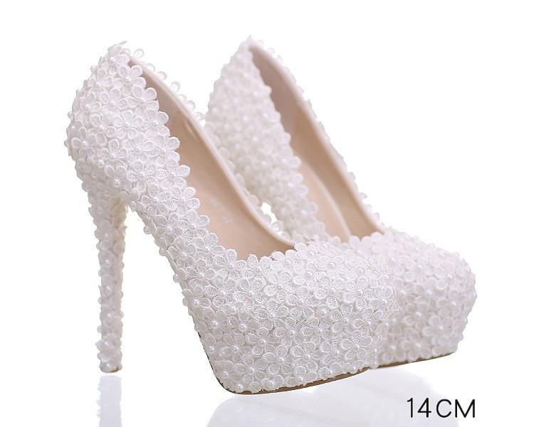 Pearls Lace Pointed Toe White High Heels Wedding Bridal Shoes, S016