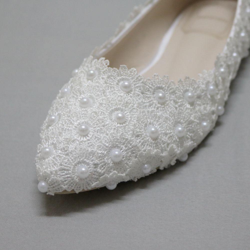 Pregnant Flat Heels Pearls Lace Pointed Toe White Wedding Bridal Shoes, S017