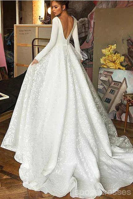 Elegant A-line V-neck Long Sleeves Maxi Long Handmade Lace Wedding Dresses,WD820