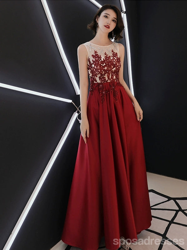 Red A-line Sleeveless Jewel Maxi Long Prom Dresses Online,PD0071