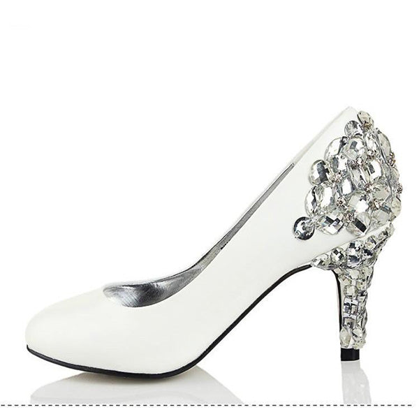 Women's Sparkly Crystal High Heels Pointed Toe White Wedding Bridal Shoes, S006