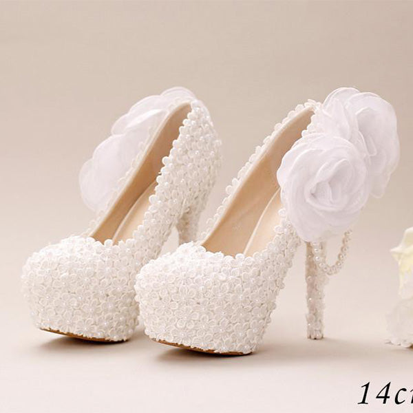 Pointed Toe Lace Pearls Wedding Shoes With Handmade Flowers, S033