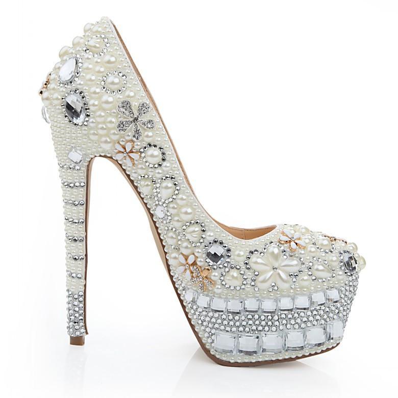 Super High Heels Handmade Pearls Rhinestone Pointed Toe Crystal Wedding Shoes, S032