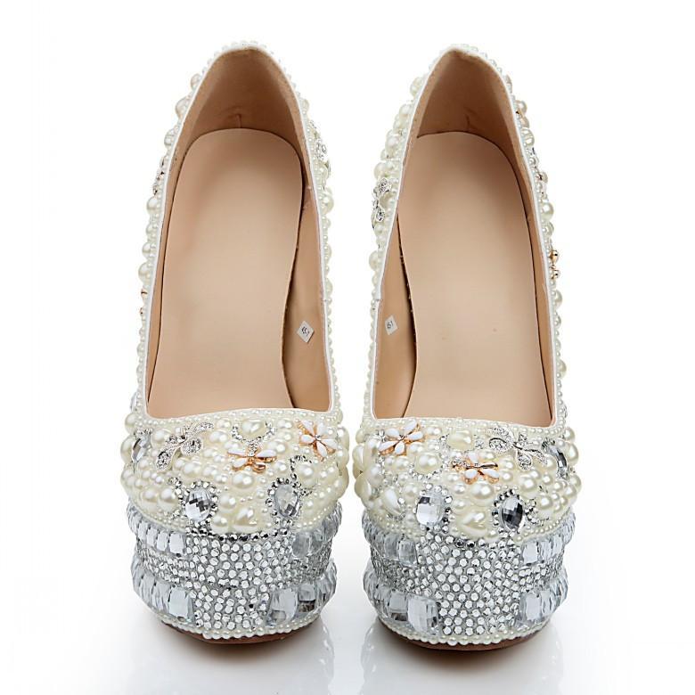 Super High Heels Handmade Pearls Rhinestone Pointed Toe Crystal Wedding Shoes, S032