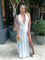 Sexy White V-neck Side Slit Maxi Long Party Prom Dresses Ideas,Evening Gowns,13631