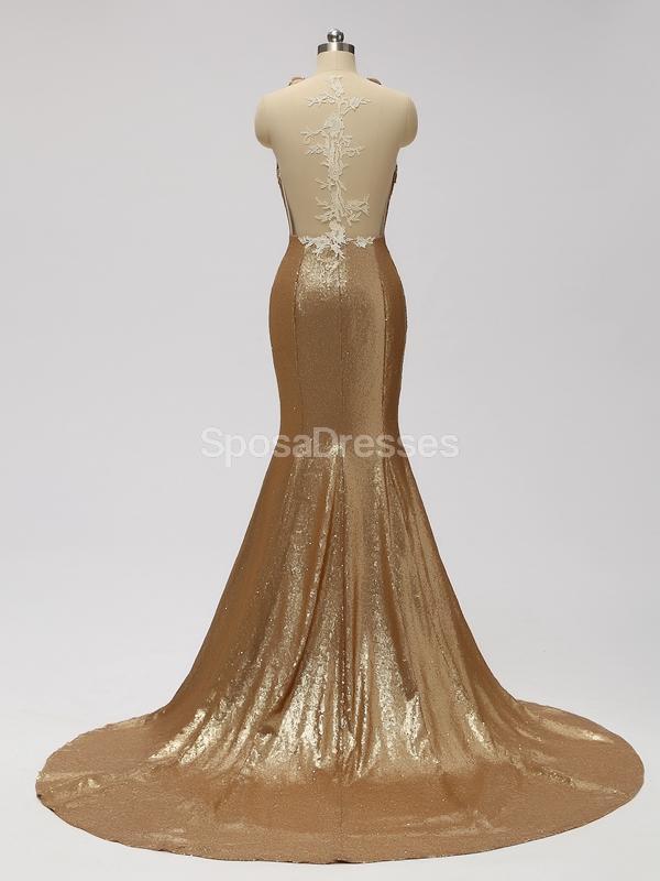 Gold Sequin See Through Halter Mermaid Long  Bridesmaid Dresses Online, WG598