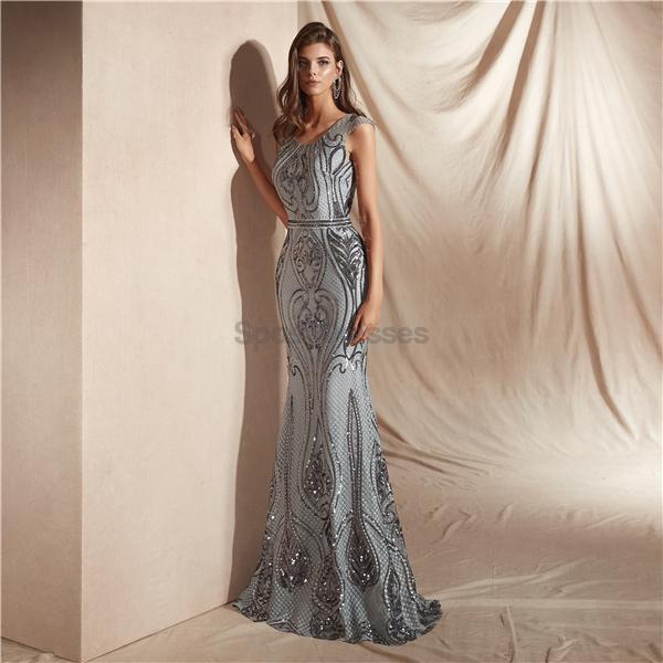 Scoop Grau Sparkly Sequin Mermaid Abend Prom Dresses, Abend Party Prom Dresses, 12063