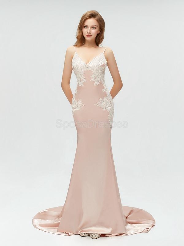 Sexy Backless V Neck Lace Mermaid Long Evening Prom Dresses, 17520