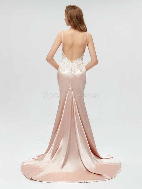 Sexy Backless V Neck Lace Mermaid Long Evening Prom Dresses, 17520