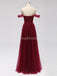 Off Shoulder Floor Length Dark Red Tulle Cheap Bridesmaid Dresses Online, WG589