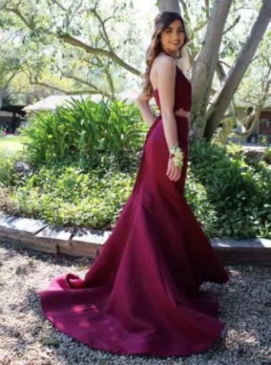 Red Halter Two Pieces Mermaid Long Evening Prom Dresses, 17590