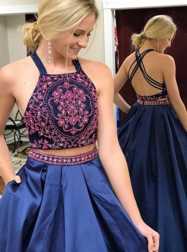 Sexy Two Pieces Backless Navy Blue Beaded A-line Long Evening Prom Dresses, 17595