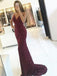Sexy Backless Lace Beaded Maroon Mermaid Long Evening Prom Dresses, 17599
