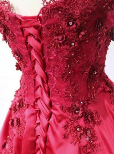 Red Off Shoulder Lace Long A-line Evening Prom Dresses, 17539