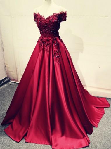 Κόκκινα μακριά ώμων φορέματα χορού βραδιού δαντελλών μακριά Α-γραμμών, 17539
