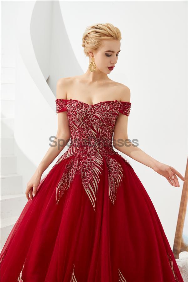 Red Off Shoulder A-line Long Evening Prom Dresses, Evening Party Prom Dresses, 12127