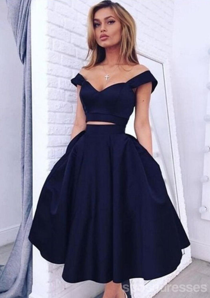 Two Pieces Off Shoulder Navy Blue Homecoming Prom Dresses, Cheap Homecoming Dresses, CM358