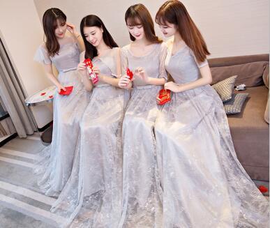 Gray Lace Short Sleeve Long Bridesmaid Dresses, Cheap Bridesmaid Gowns, BD0001