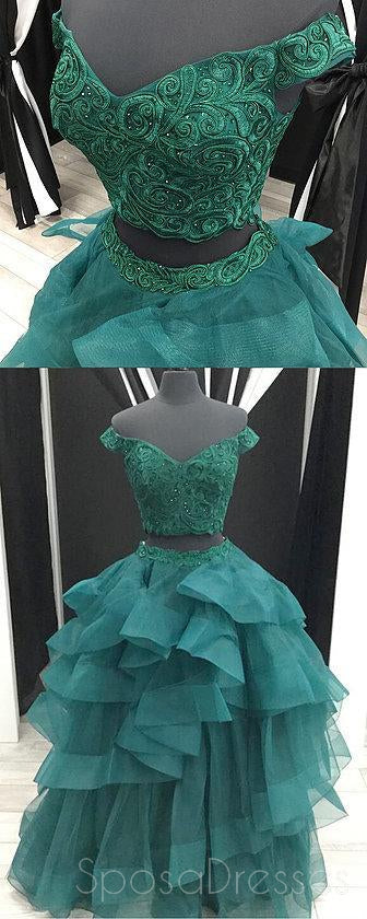 Sexy Two Pieces Emerald Green Off Shoulder V Neck Ball Gown Long Custom Evening Prom Dresses, 17414