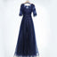 Kurze Ärmel Navy Spitze Sexy Open Back Abend Prom Kleider, Beliebte Navy Party Prom Kleider, Benutzerdefinierte Lange Prom Kleider, Günstige Formale Prom Kleider, 17193