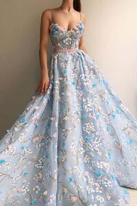 Σπαγγέτι Ιμάντες Δαντέλα Λουλούδι Μια γραμμή Μακρύ Βράδυ Φορέματα Prom, Φθηνή Γλυκό 16 Φορέματα, 18448