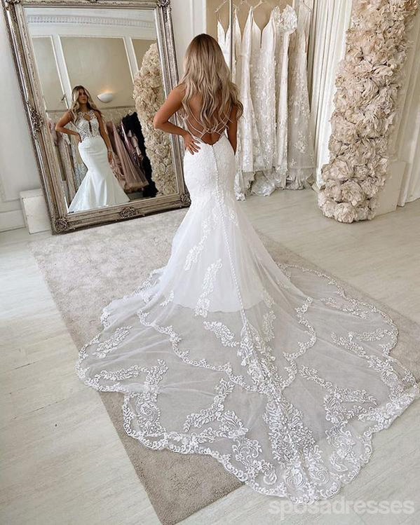 Unique Sleeveless Long Mermaid Backless Handmade Lace Wedding Dresses,WD737