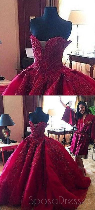 Maroon Sweetheart Neck Lace Beaded Ball Gown Long Custom Evening Prom Dresses, 17415