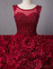 Open Back Maroon Lace Beaded A-line Long Evening Prom Dresses, 17625