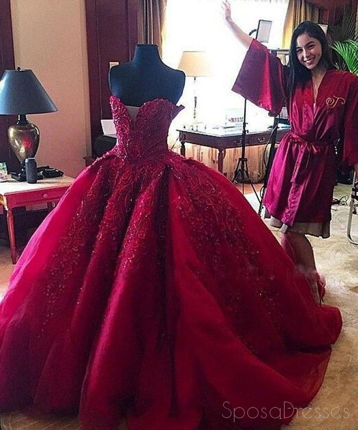 Maroon Sweetheart Neck Lace Beaded Ball Gown Long Custom Evening Prom Dresses, 17415