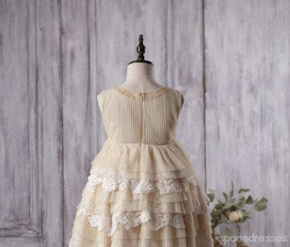 Escote redondo vestidos de la florista del cordón del tul beige sin mangas, vestidos de la niña económicos, FG058