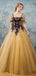 A-line Half Sleeves Gold Tulle Long Prom Dresses, Sweet 16 Prom Dresses, 12359